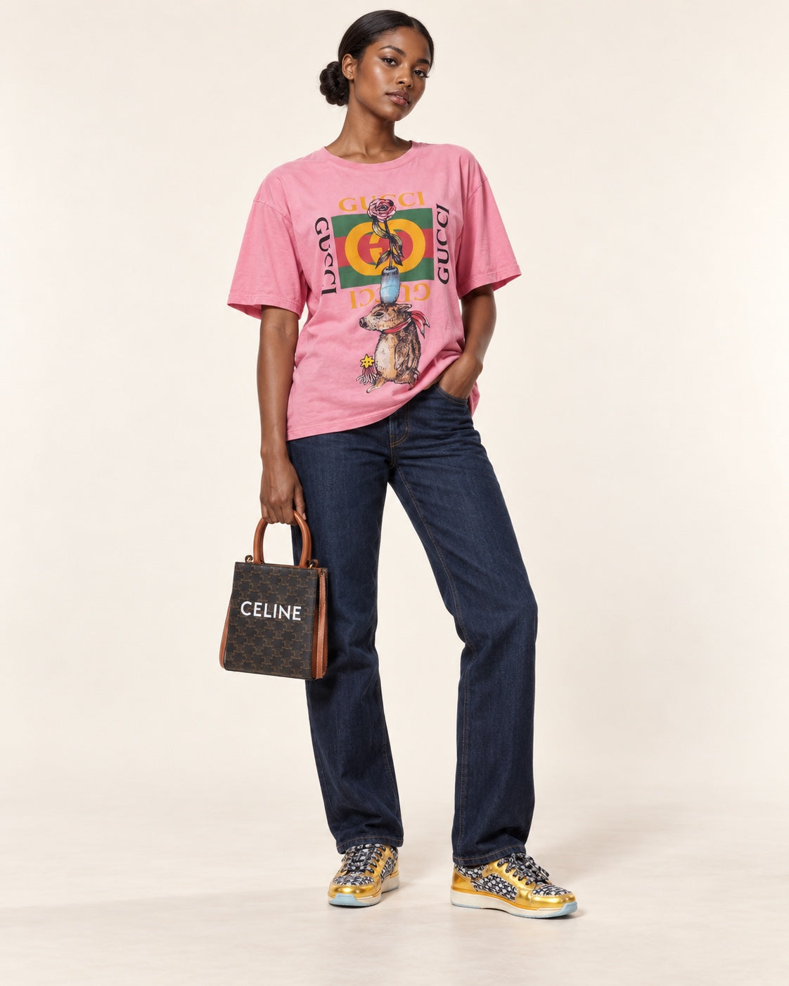 The Collector, styled Gucci tee and jeans with Chanel tweed trainers and Celine mini cabas