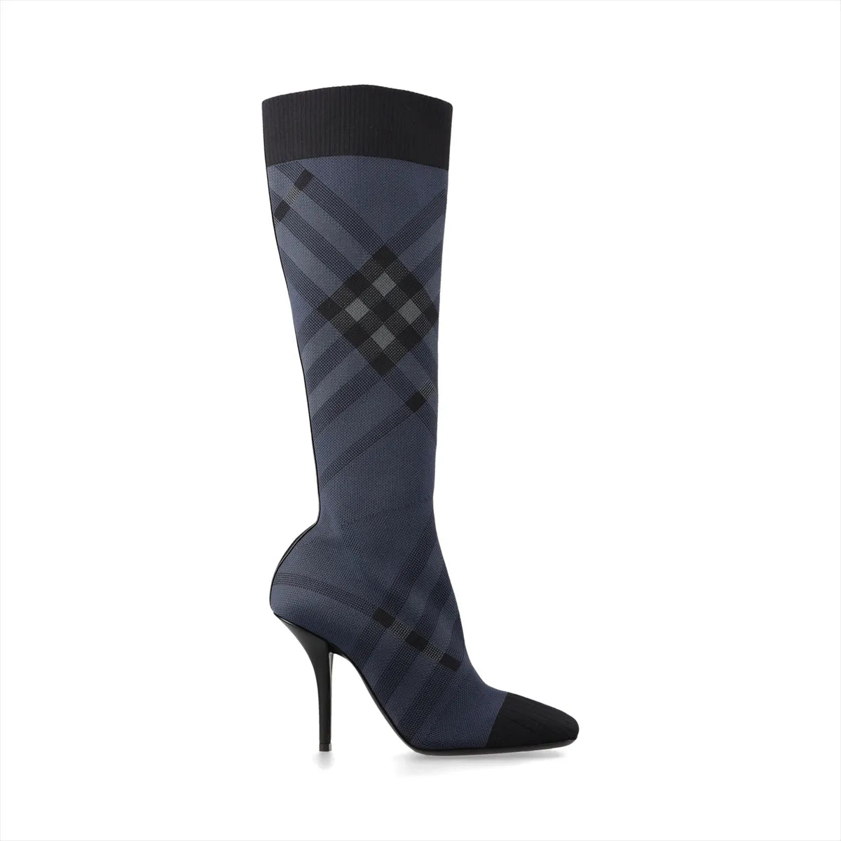Burberry Knit Check & Leather Tall Boots — Navy & Black, 38; actual item photo 3