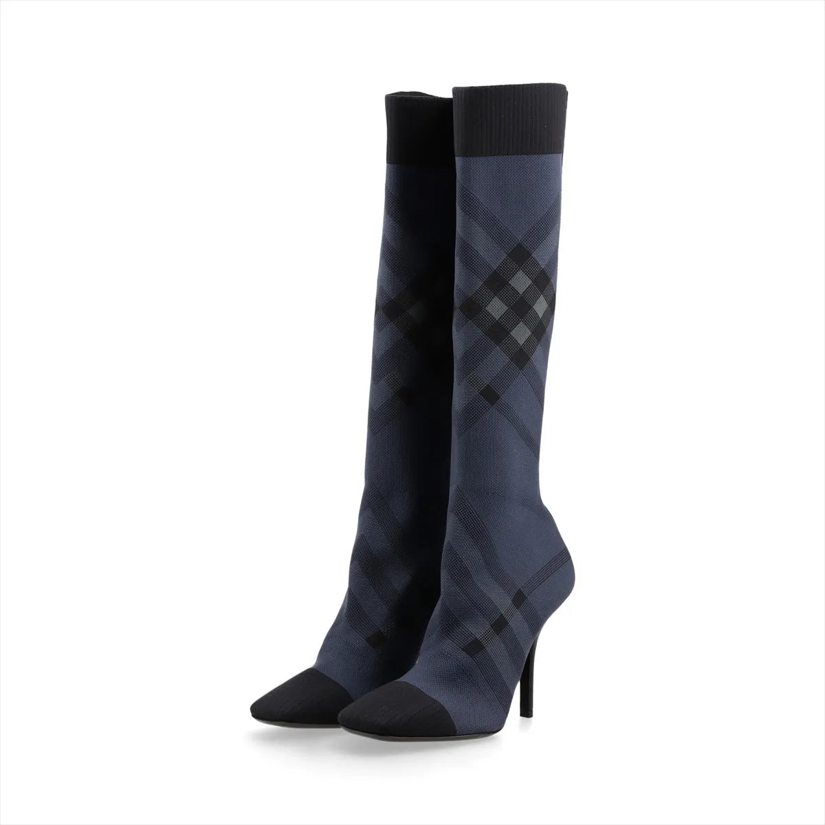 Burberry Knit Check & Leather Tall Boots — Navy & Black, 38; actual item photo 5