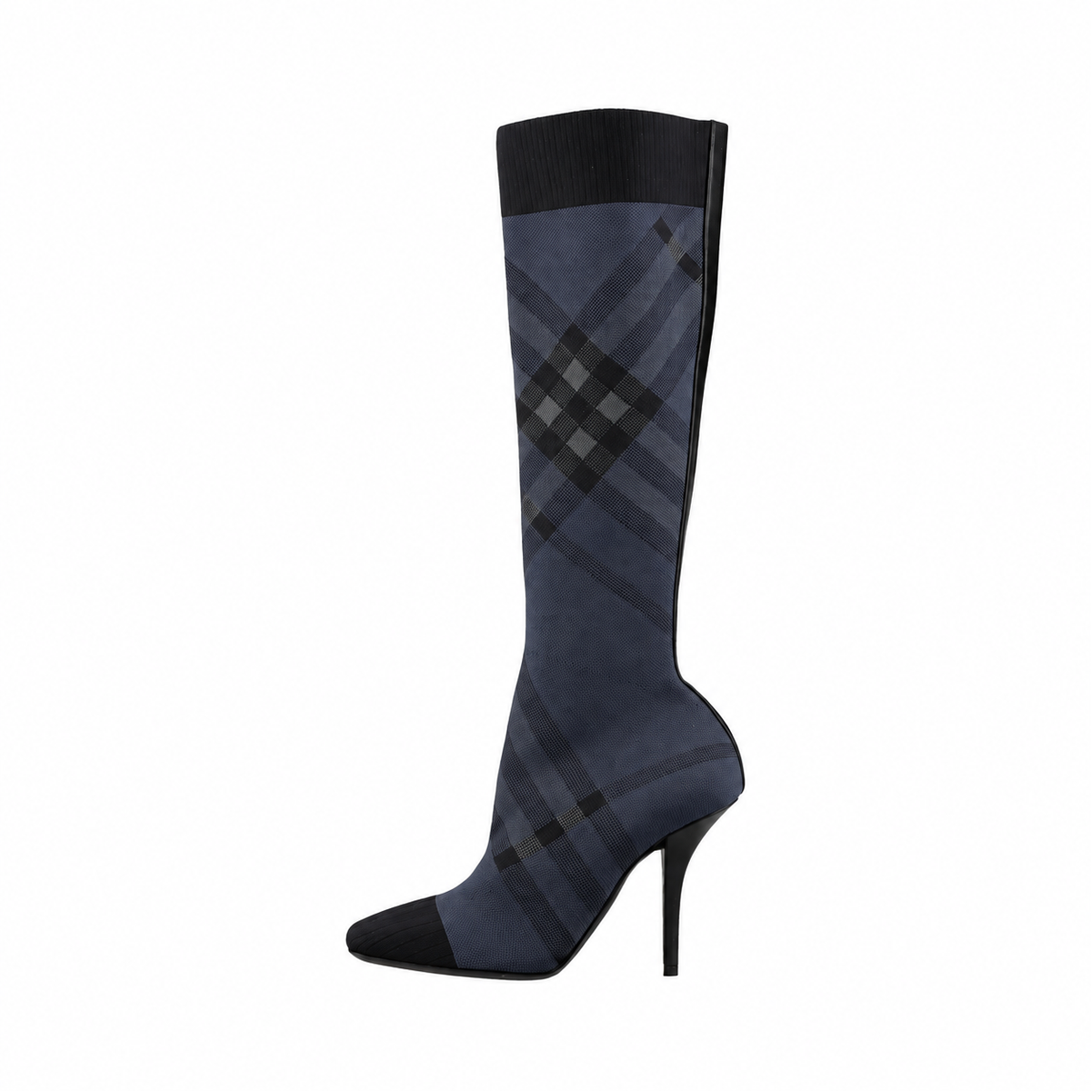Burberry Knit Check & Leather Tall Boots — Navy & Black, 38; actual item photo 1