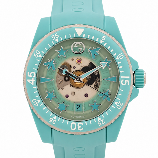 Gucci Dive 136.3 Automatic Skeleton Watch — Aquamarine — actual item front view