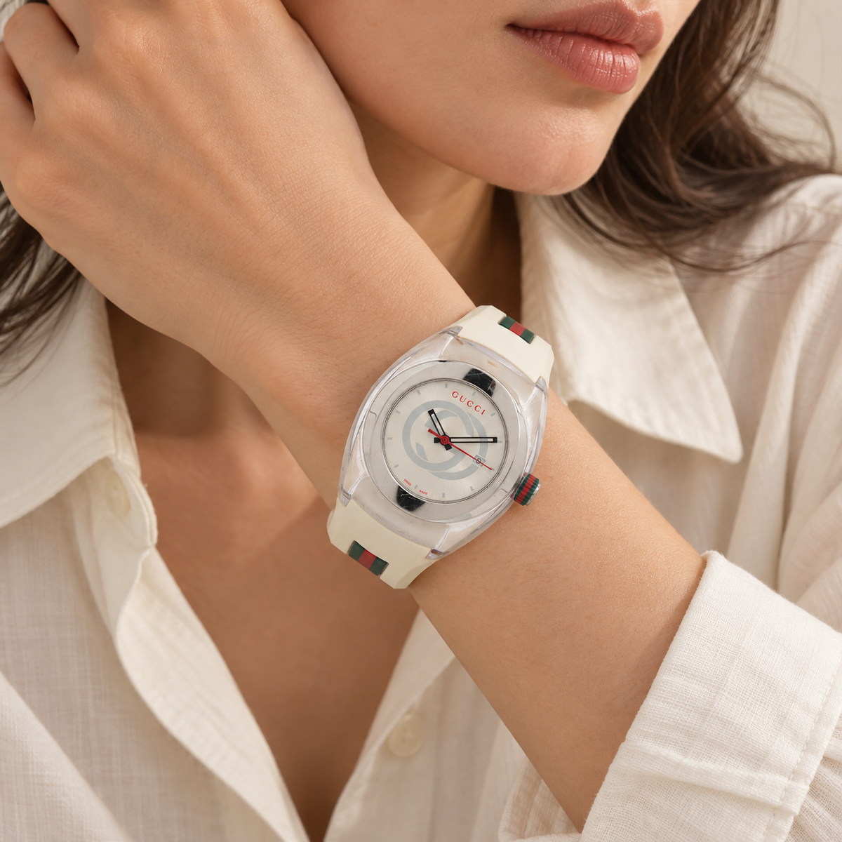 AI-generated styling illustration of Gucci SYNC 137.3 Quartz Watch — White Web Stripe; refer to actual item photo for condition and dimensions