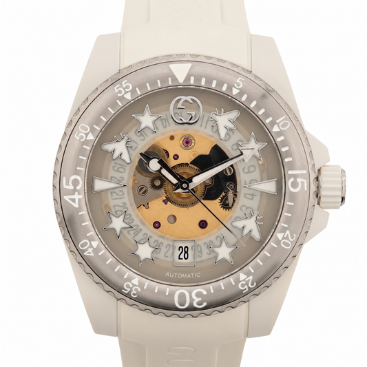 Gucci Dive 136.3 Automatic Skeleton Watch — White — actual item front view