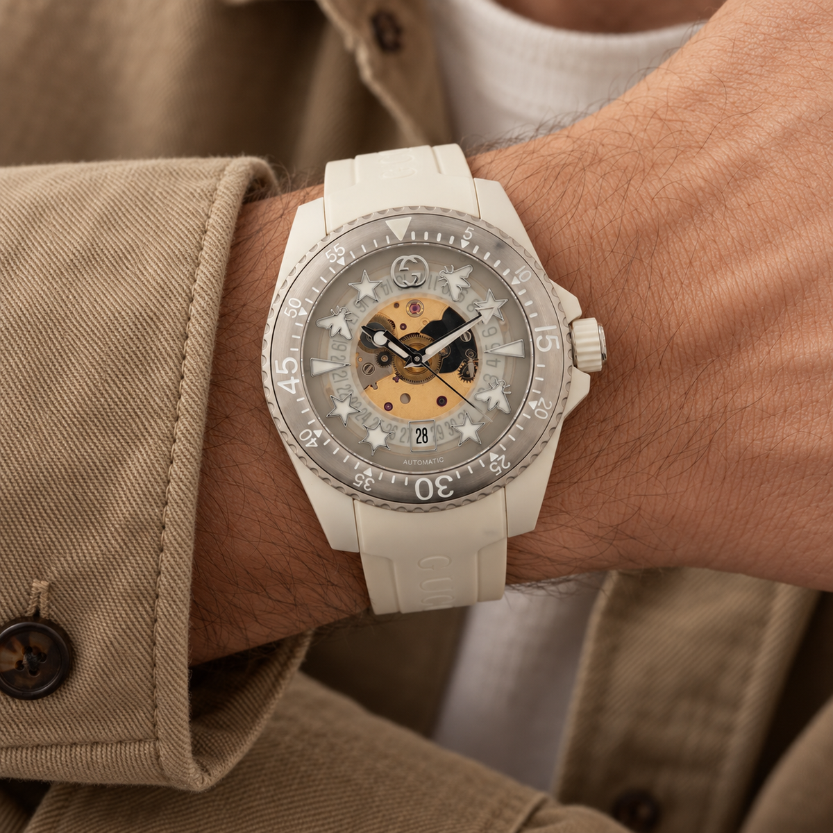 AI-generated styling illustration of Gucci Dive 136.3 Automatic Skeleton Watch — White; refer to actual item photo for condition and dimensions