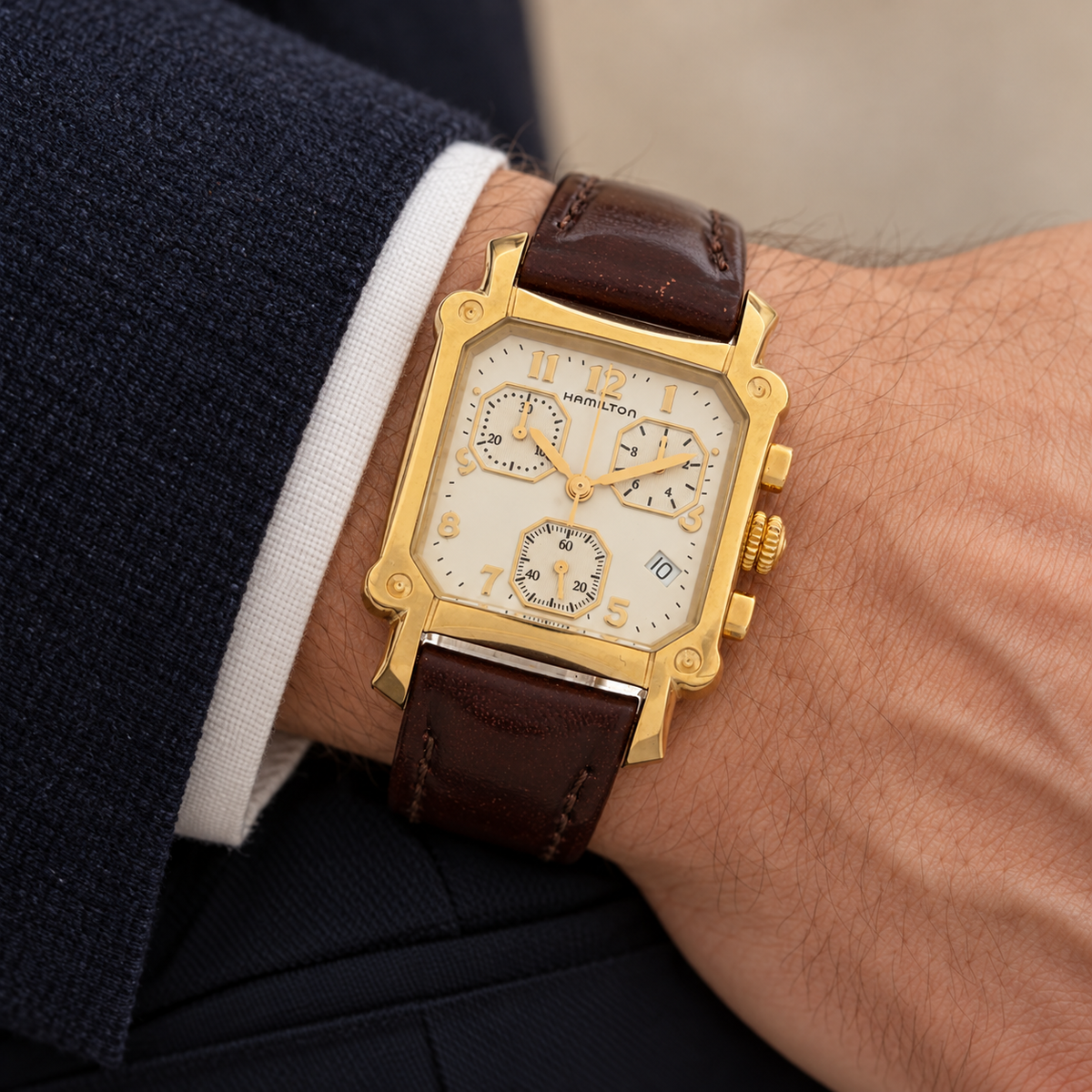AI-generated styling illustration of Hamilton Lloyd 6316 Quartz Chronograph Watch — Gold Tone; refer to actual item photo for condition and dimensions
