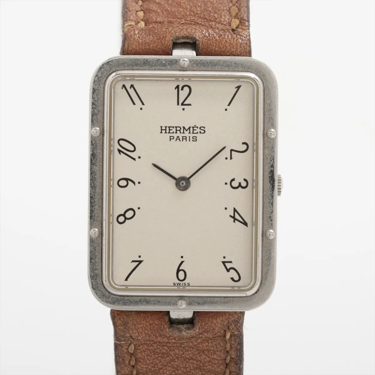 Hermès Croisière Rectangular Quartz Watch — Brown Leather — actual item front view