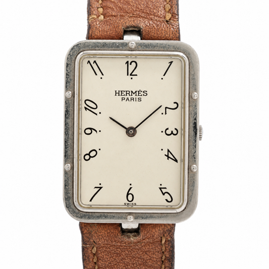 Hermès Croisière Rectangular Quartz Watch — Brown Leather — actual item front view