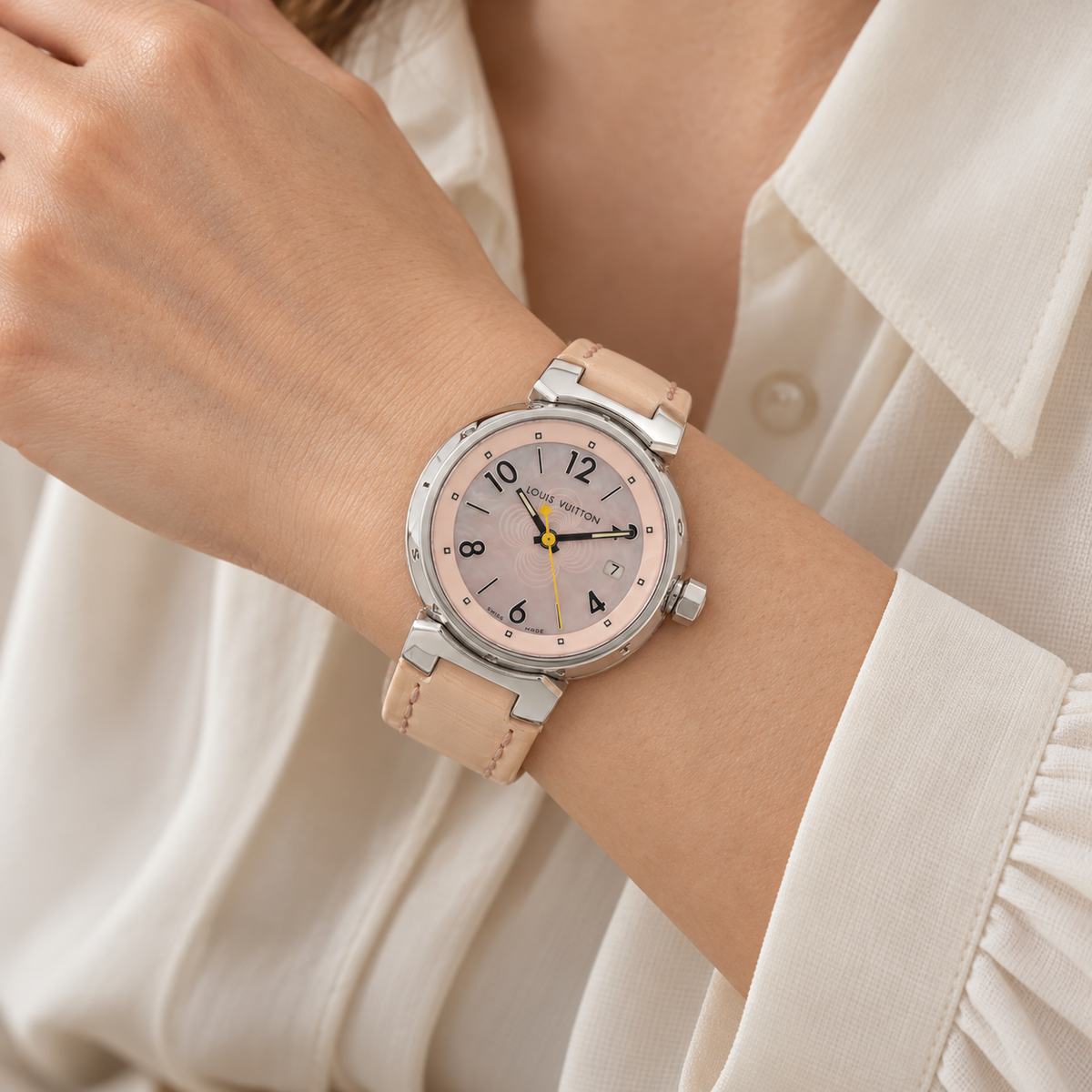 AI-generated styling illustration of Louis Vuitton Tambour Q1216 Quartz Watch — Pink Mother of Pearl; refer to actual item photo for condition and dimensions