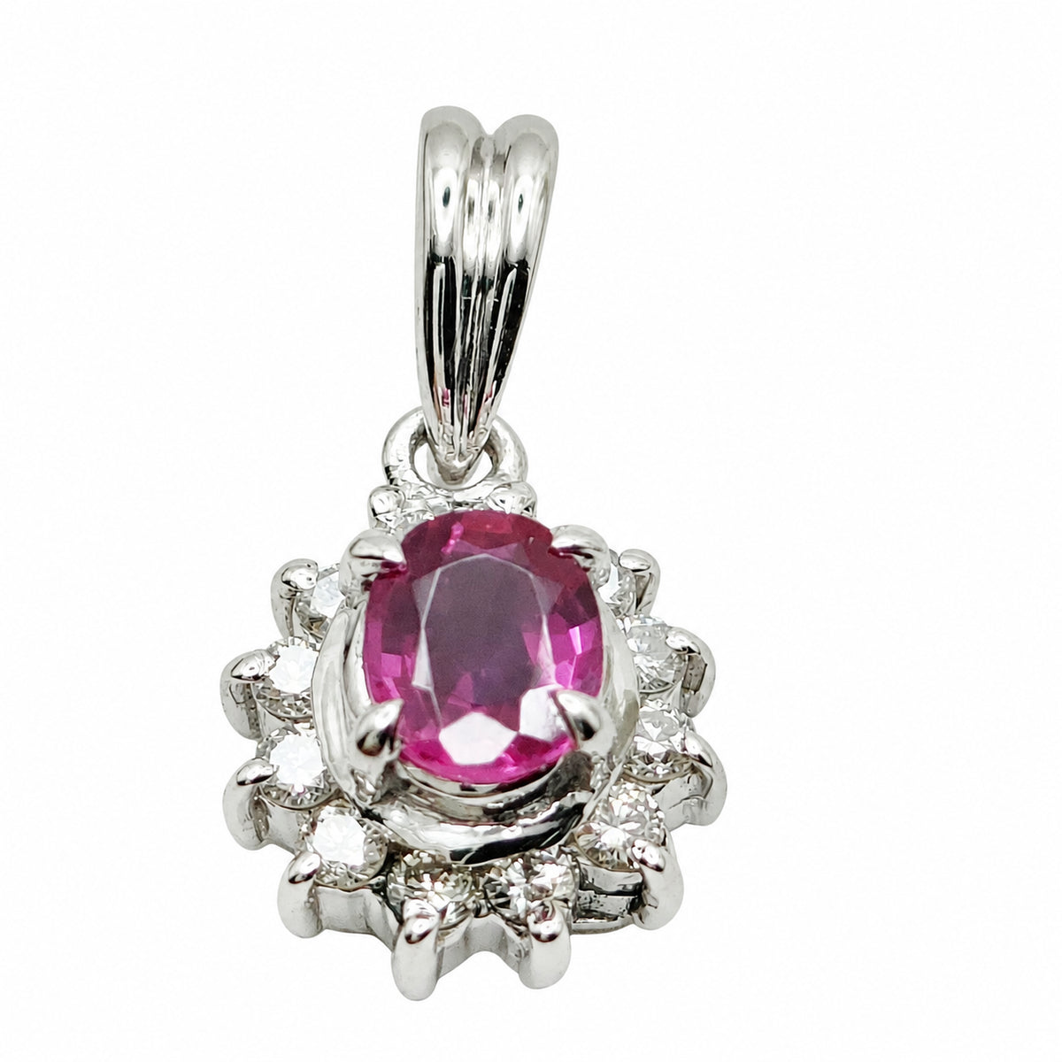 Platinum ruby and diamond halo pendant front