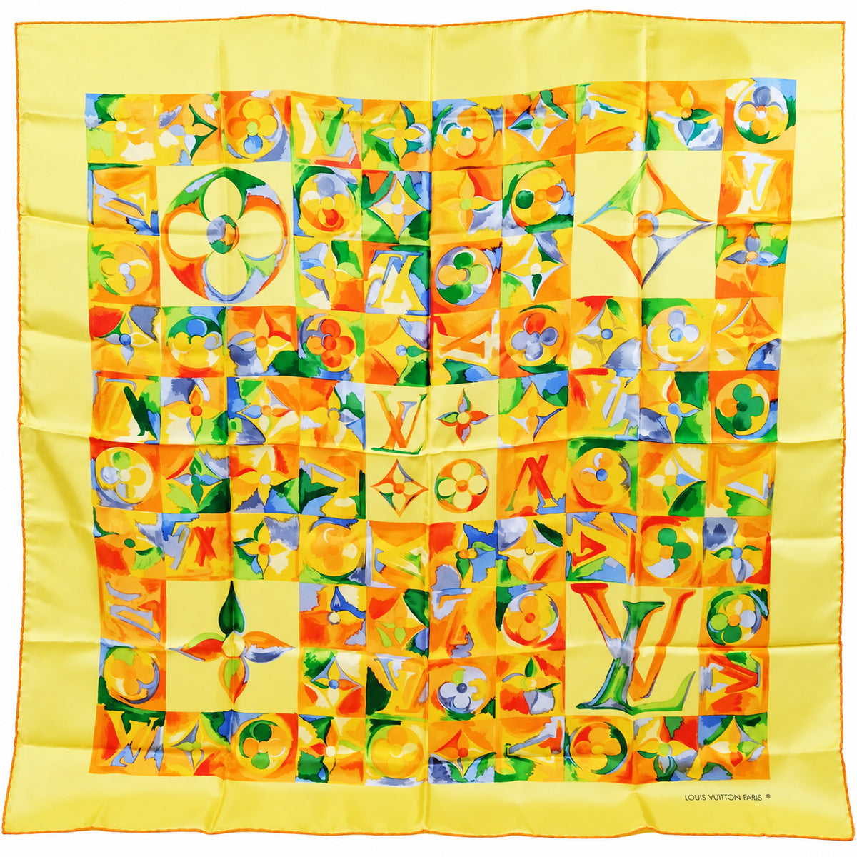 Louis Vuitton Yellow Monogram Mosaic Silk Scarf on pure white background