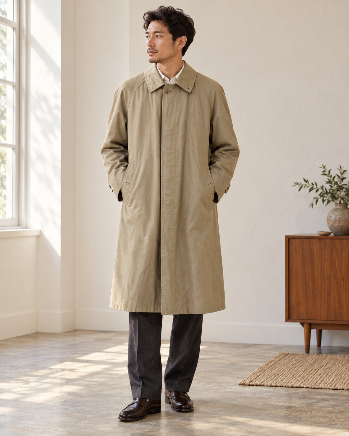 Styling example showing Burberrys Khaki Cotton-Blend Long Coat — 88-160-3 worn with complementary pieces