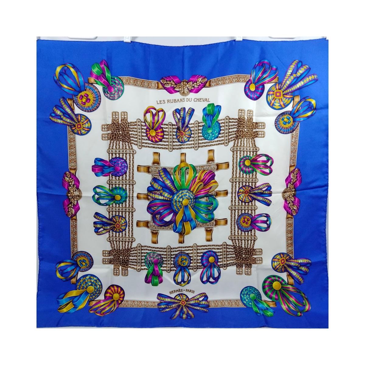 Hermès Les Rubans du Cheval Carré 90 Silk Scarf — Blue Multicolor — original photograph 1