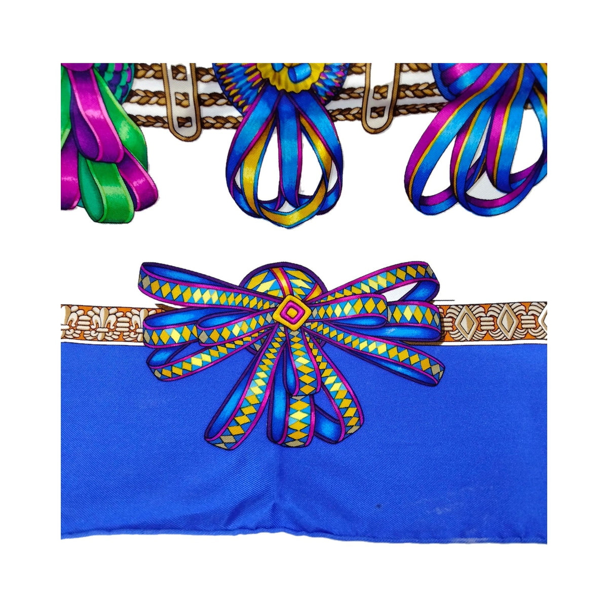 Hermès Les Rubans du Cheval Carré 90 Silk Scarf — Blue Multicolor — original photograph 2