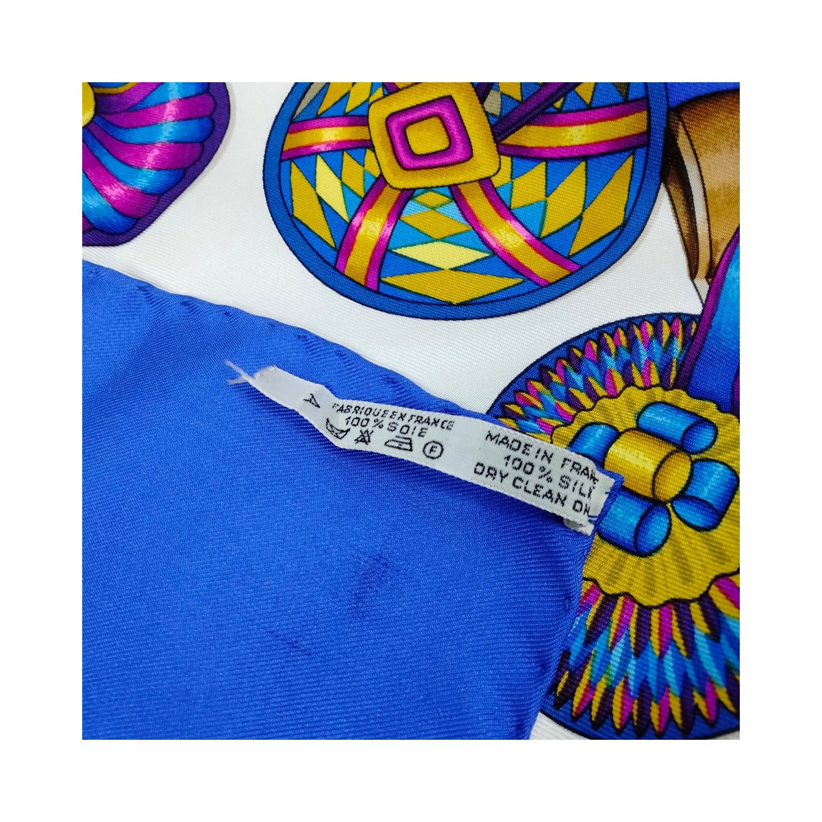 Hermès Les Rubans du Cheval Carré 90 Silk Scarf — Blue Multicolor — original photograph 6