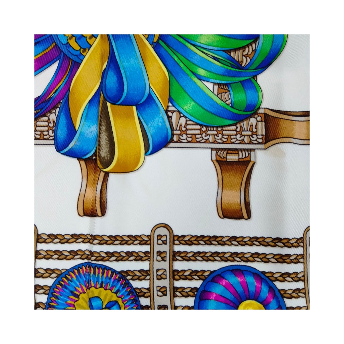 Hermès Les Rubans du Cheval Carré 90 Silk Scarf — Blue Multicolor — original photograph 8