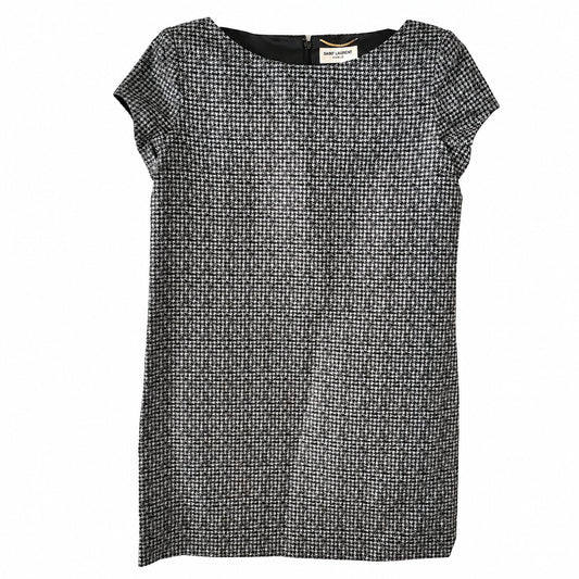 Saint Laurent Black & White Houndstooth Silk-Blend Dress — 40 on pure white background