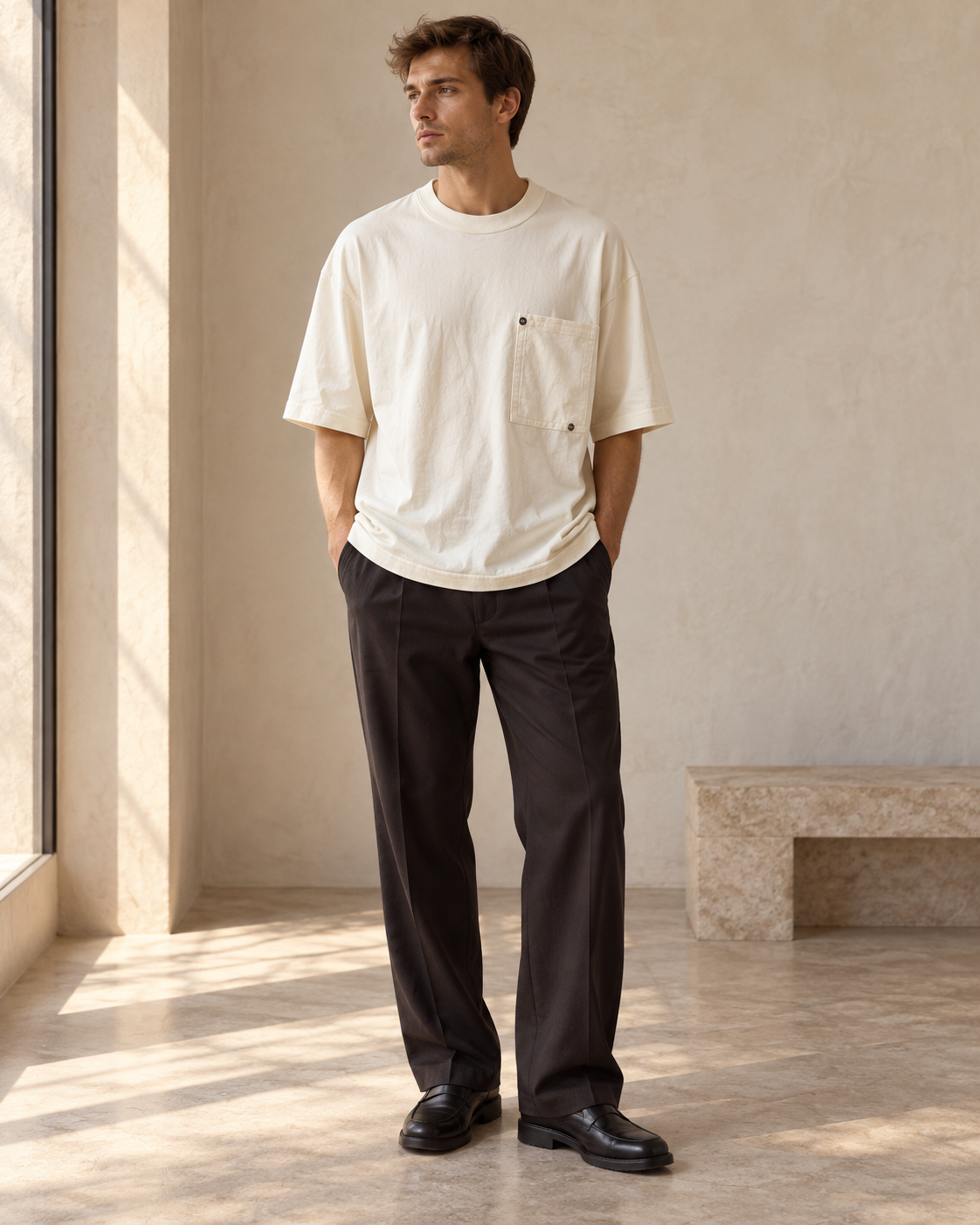 Styling example showing Bottega Veneta Cream Rivet-Pocket Cotton T-Shirt — XS worn with complementary pieces