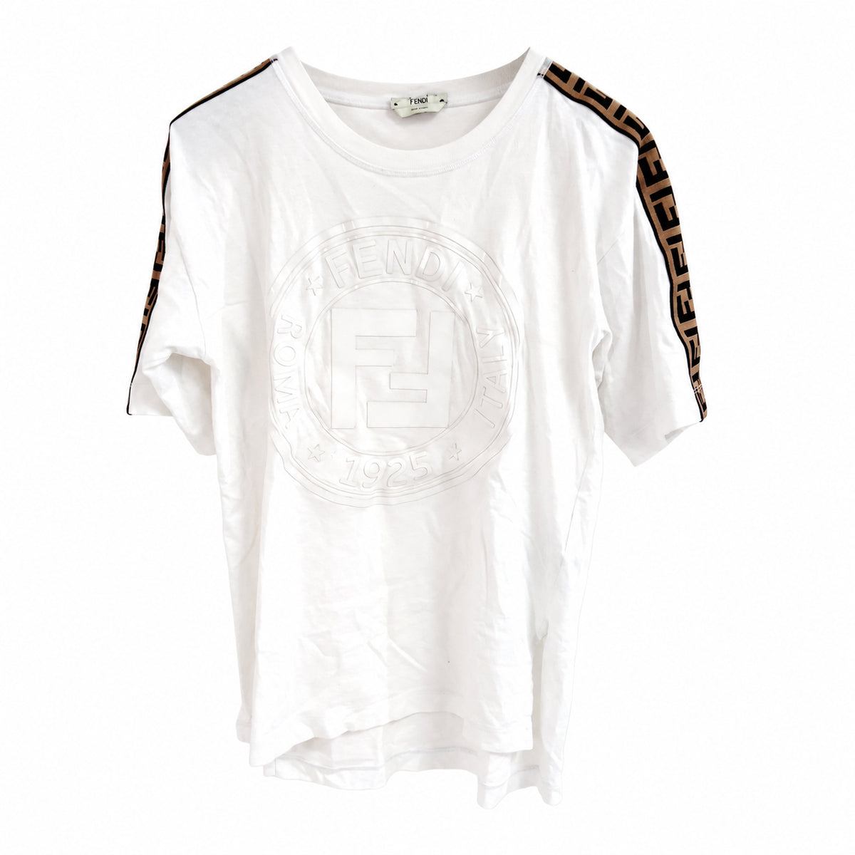 Fendi White Logo Cotton T-Shirt with FF Sleeve Stripes — 36 on pure white background