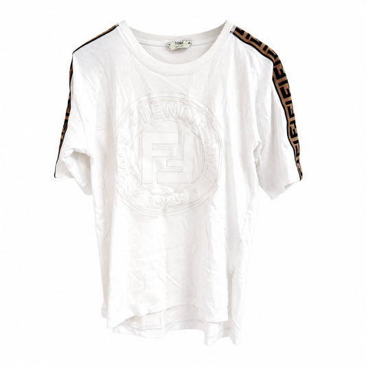 Fendi White Logo Cotton T-Shirt with FF Sleeve Stripes — 36 on pure white background