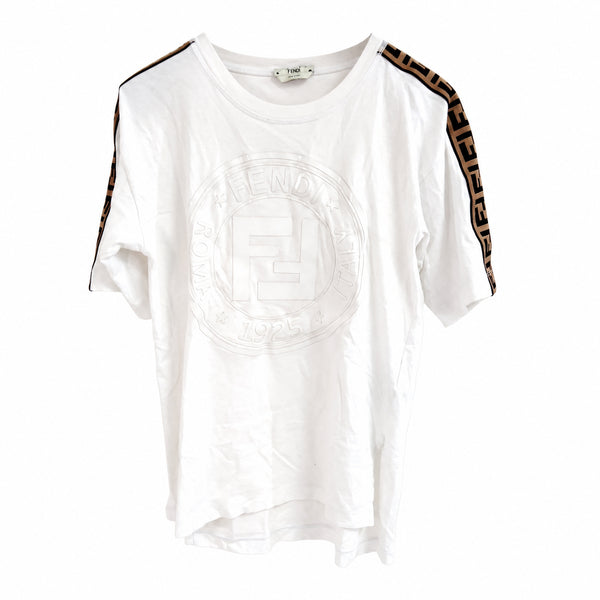 Fendi White Logo Cotton T-Shirt with FF Sleeve Stripes — 36
