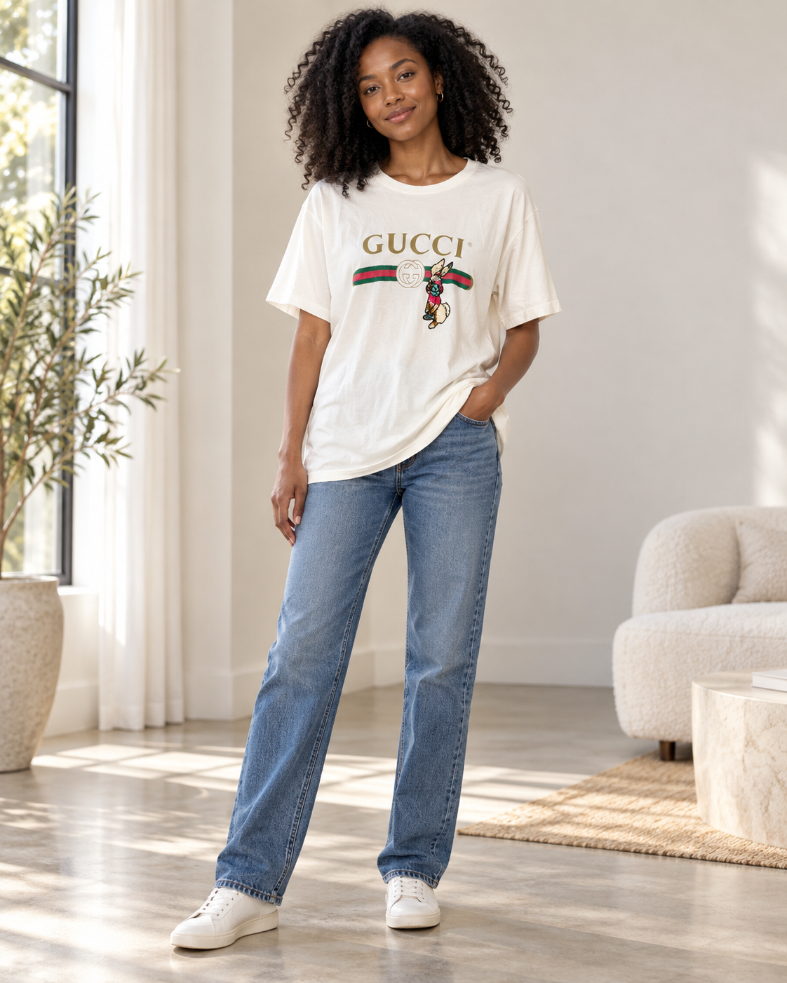 Styling example showing Gucci Cream Logo & Sequin Appliqué Cotton T-Shirt — XS worn with complementary pieces
