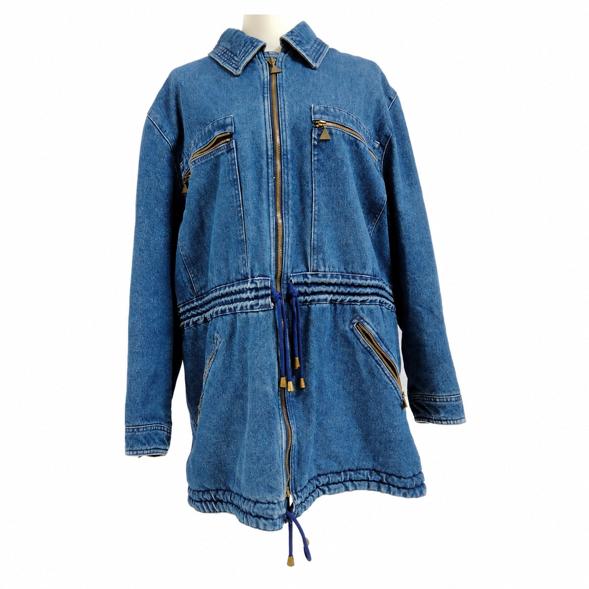Gianni Versace Blue Denim Zip-Front Coat — 42 on pure white background