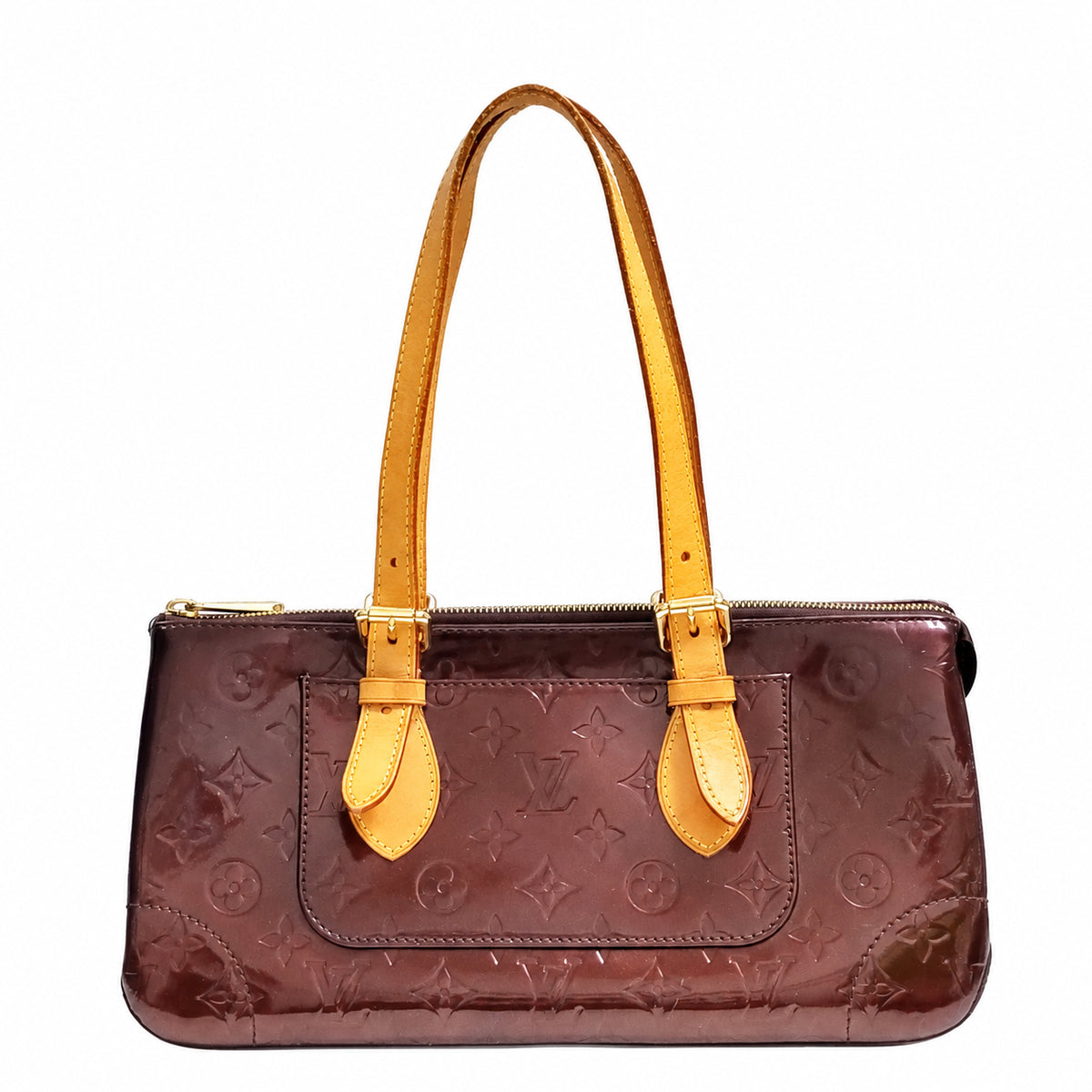 Louis Vuitton Purple Monogram Vernis Rosewood Avenue Bag on pure white background