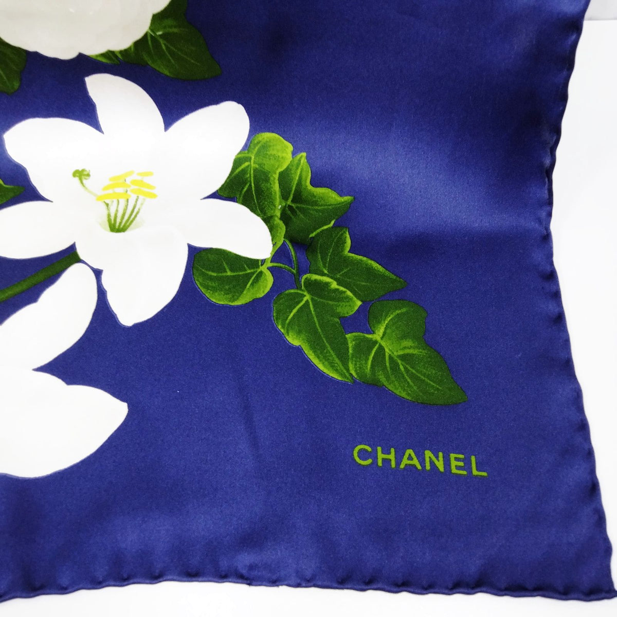 Chanel Navy & White Floral Silk Scarf — original detail