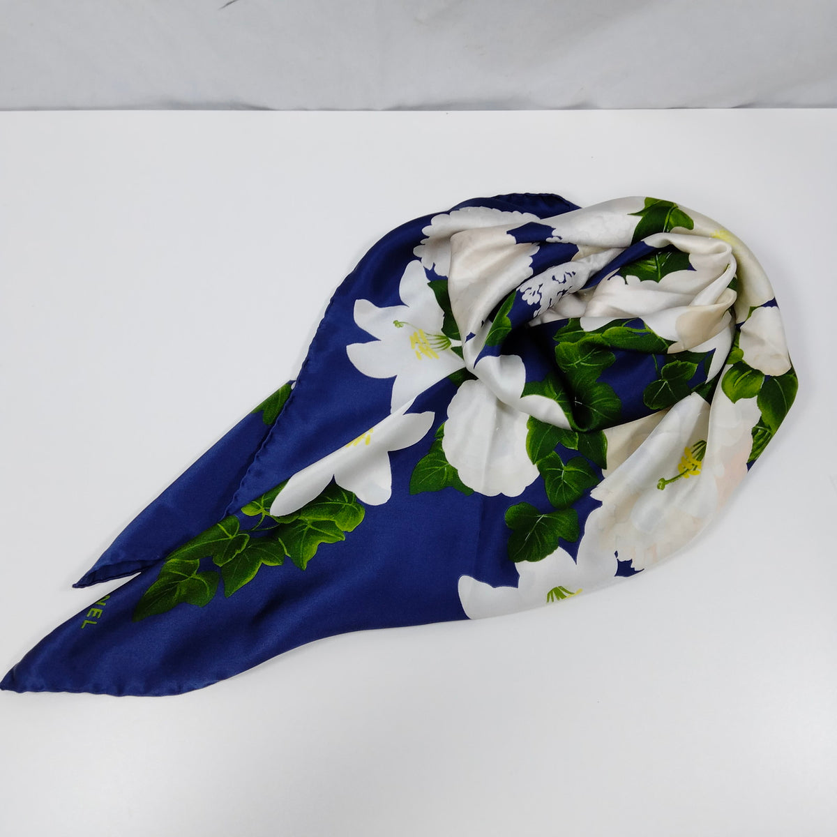 Chanel Navy & White Floral Silk Scarf — original detail