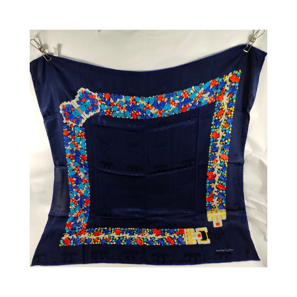 Must de Cartier Navy Jeweled-Buckle Silk Scarf