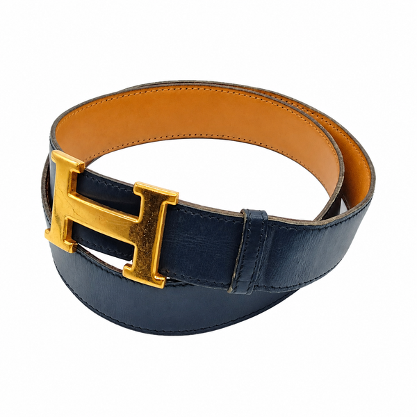 Hermès Navy & Tan Leather H-Buckle Belt — 100