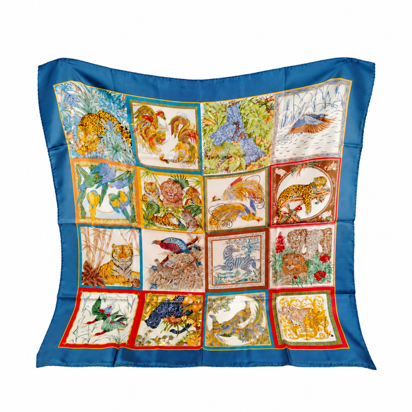 Salvatore Ferragamo Blue Wildlife Panel Silk Scarf