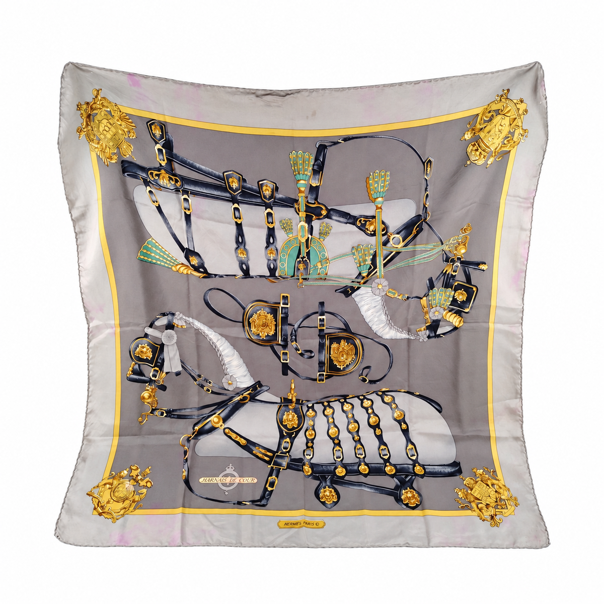 Hermès Harnais de Cour Silk Scarf — Gray, Visible Marks on pure white