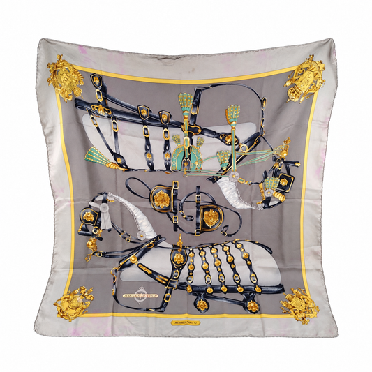 Hermès Harnais de Cour Silk Scarf — Gray, Visible Marks on pure white