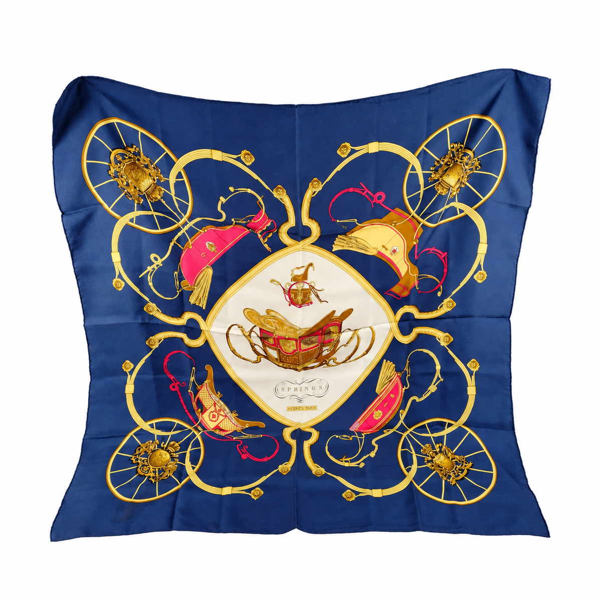 Hermès Springs Silk Scarf — Navy, Gold & Pink on pure white