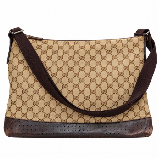 Gucci Beige GG Canvas Shoulder Bag with Brown Trim — isolated cover