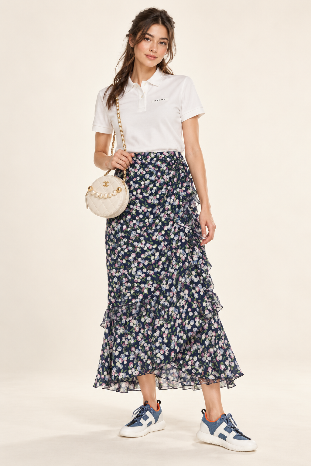 Brunette model in Prada polo, Louis Vuitton floral skirt, Chanel pearl-chain bag and Hermes blue-white sneakers
