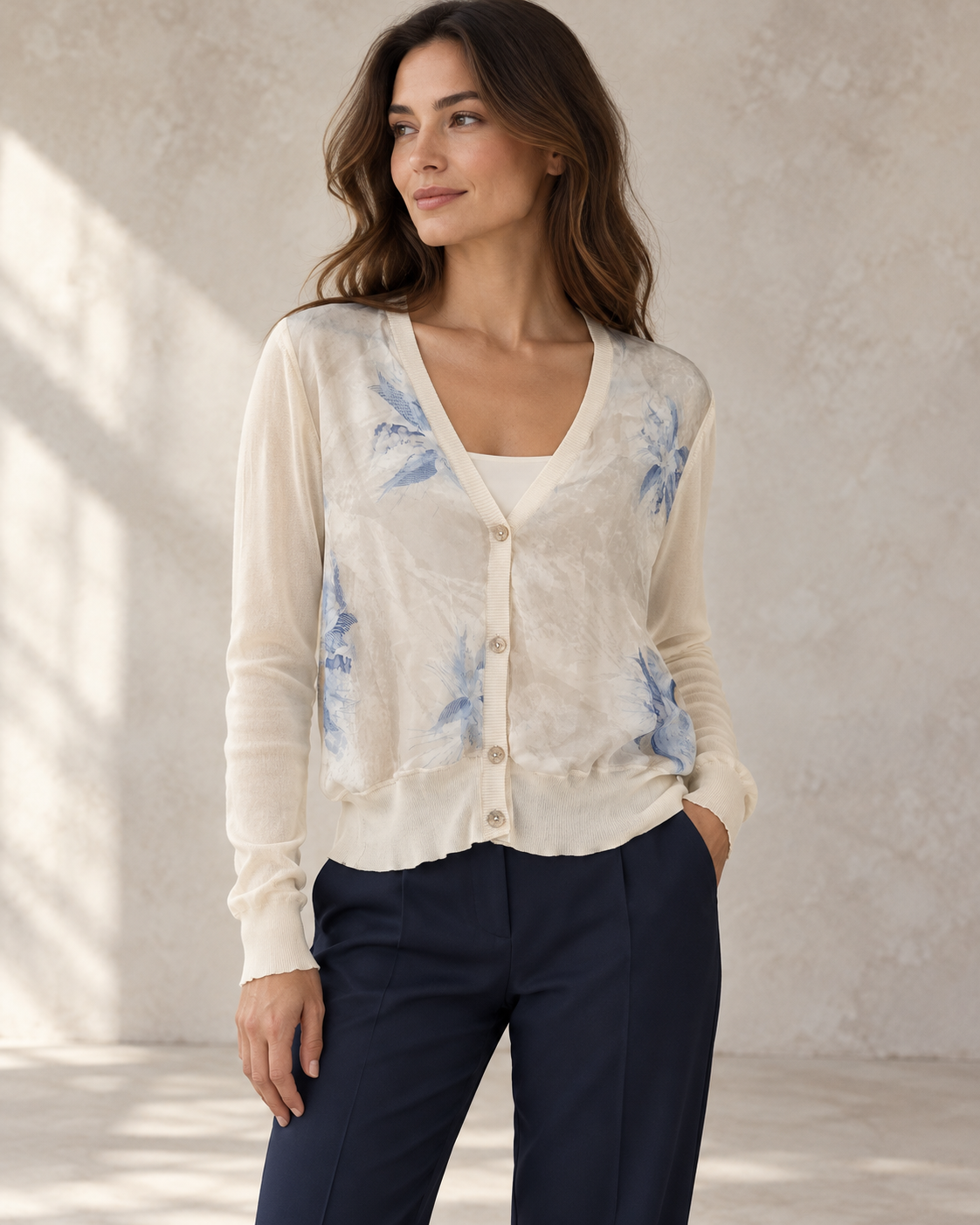 Styled outfit inspiration — Salvatore Ferragamo Ivory Floral Silk Cardigan — Size M