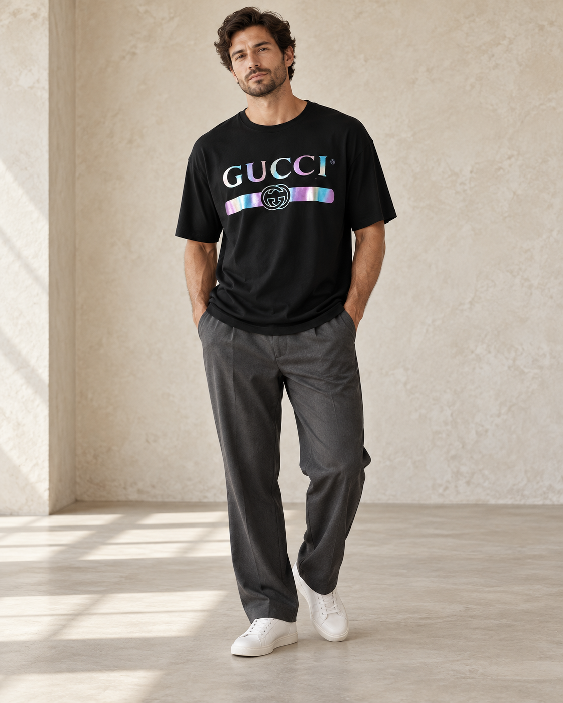 Styled outfit inspiration — Gucci Black Cotton Iridescent Logo T-Shirt — Size M