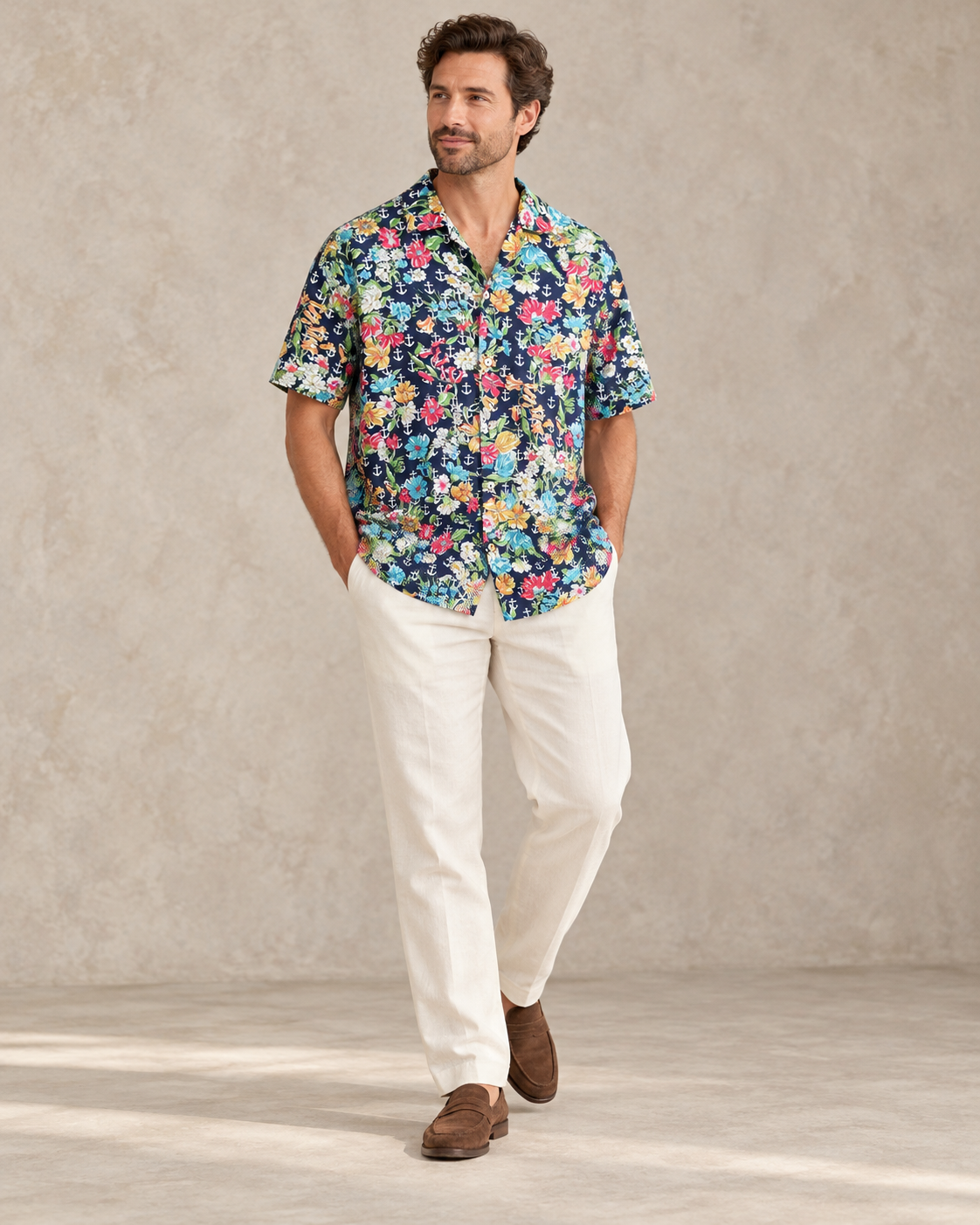 Styled outfit inspiration — Gucci Navy Floral & Anchor Cotton Shirt — Size 48